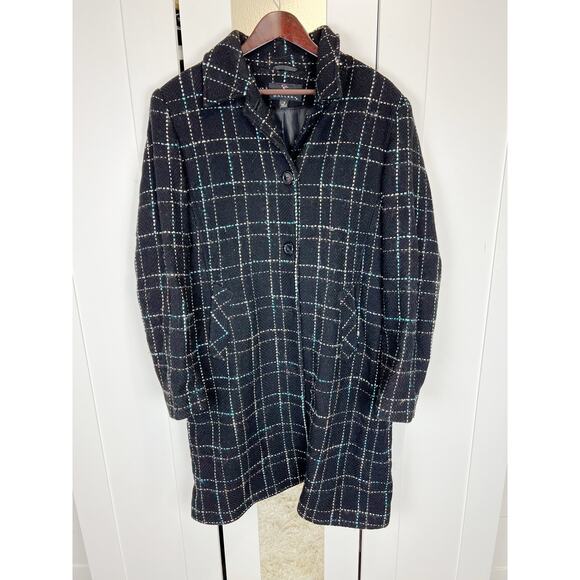 G C Collection by Gallery Black Plaid Wool Blend Lined Pea Coat Jacket Size 16 - Picture 1 of 9